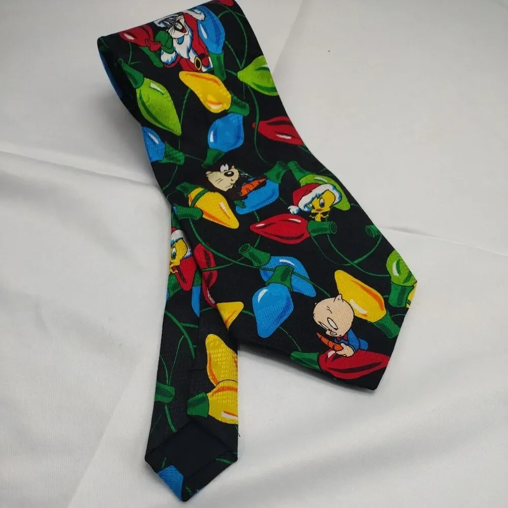 Vtg Looney Tunes Mania Silk Christmas Tie Bugs Bunny Taz Tweety Daffy Holiday